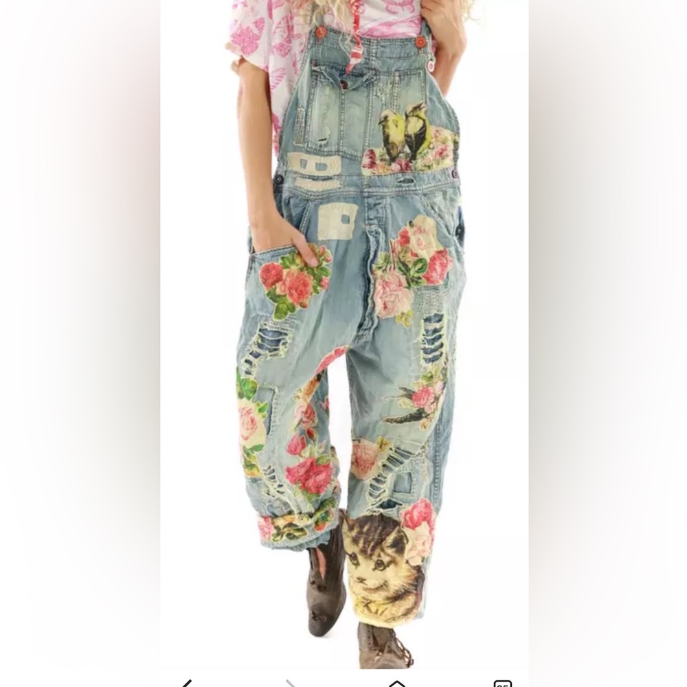 Magnolia Pearl floral appliqué denim overalls  hand-distressing, fading